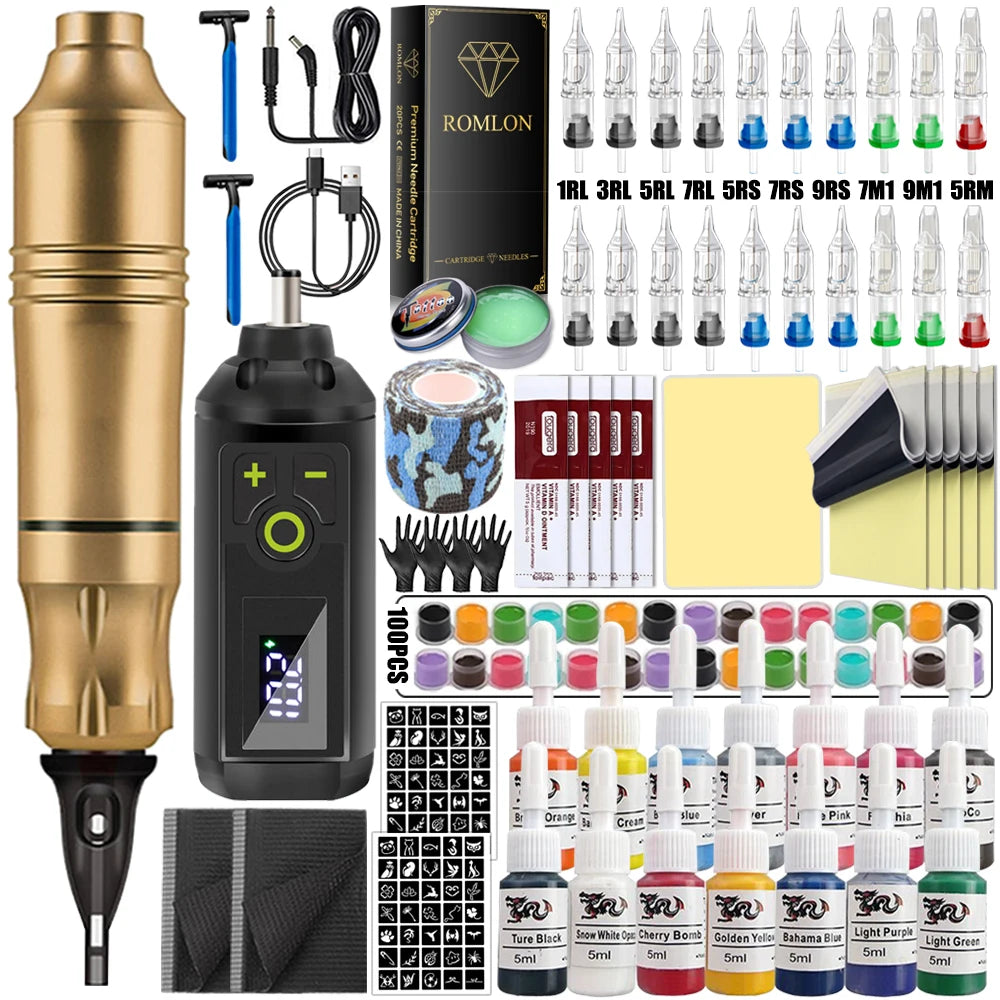 Wireless Tattoo Machine Kit Rotary Tattoo Pen Machine Set with Wireless Power Supply Needles Inks for Tattoo Artist Beginner