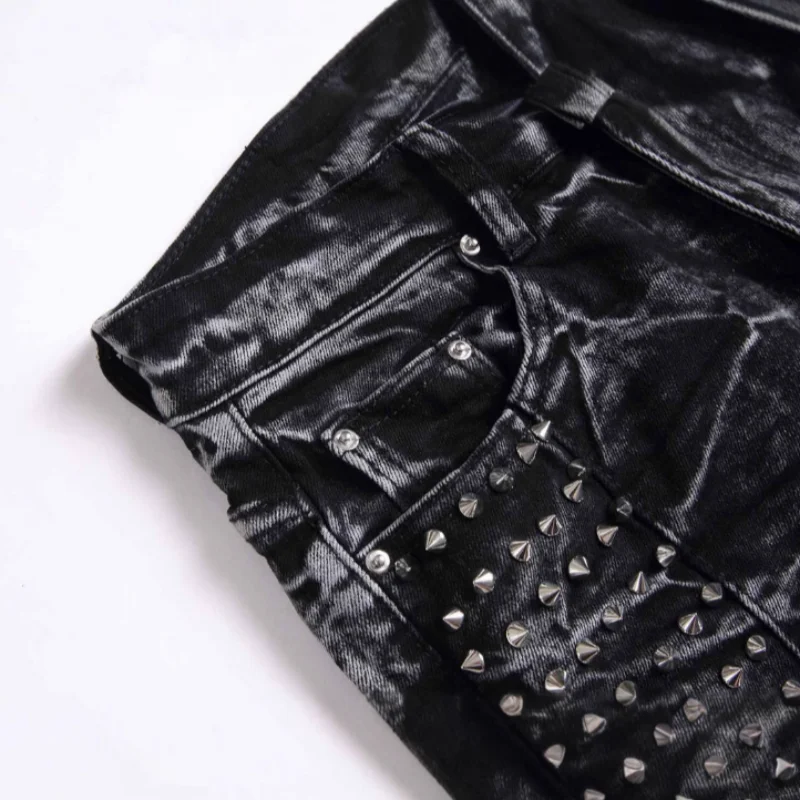 2025 new retro punk high street trendy rivet design black slim fit buckle men's jeans fashion classic denim pants