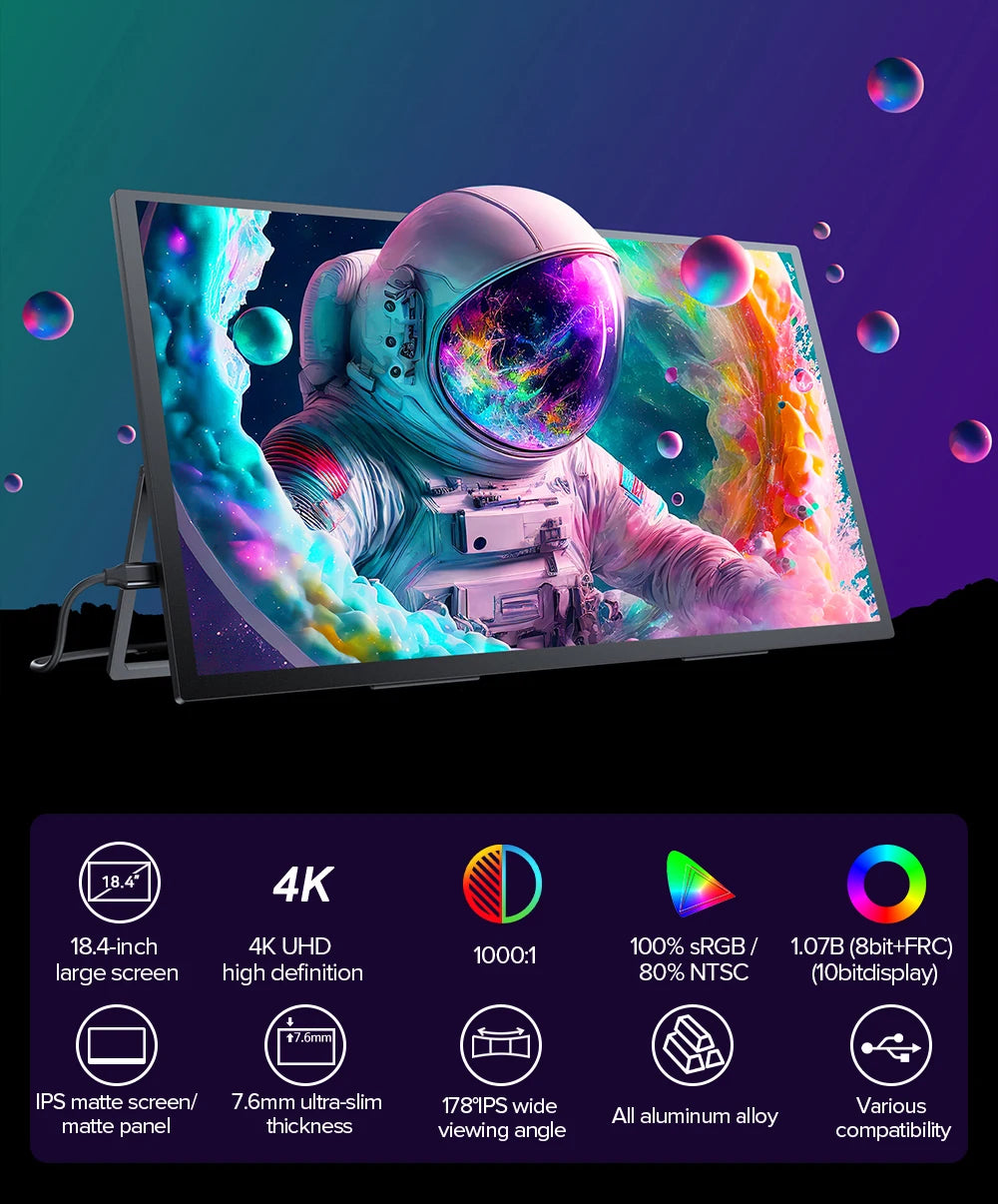 UPERFECT UXbox T118 4K 18 Inch Large Portable Gaming Monitor 3840*2160 100% SRGB IPS HDR HDMI Display for Laptop Computer Phone