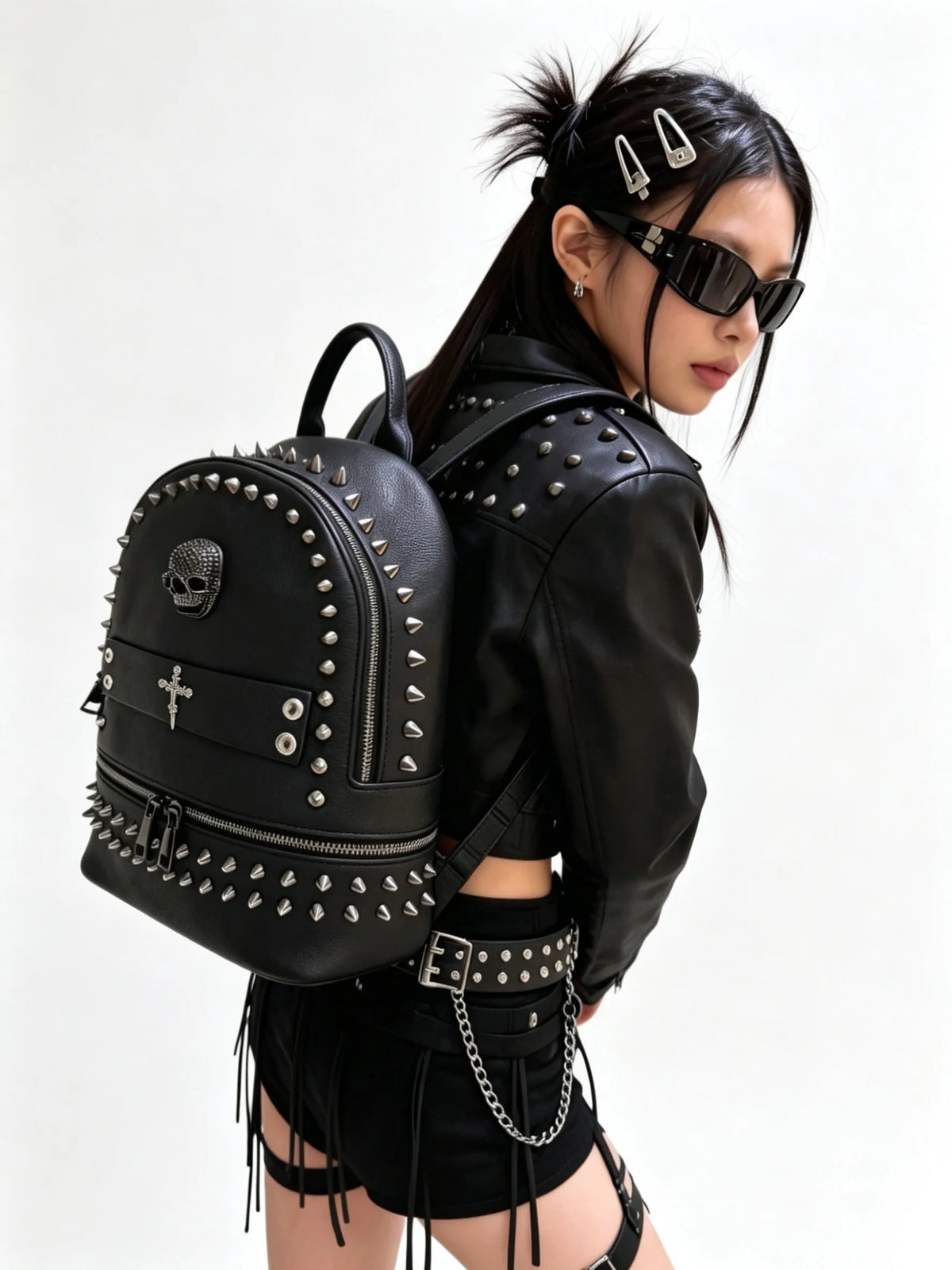 Original Design Punk Black Rivet Cross Backpack Skull Goth Locomotive Bag Fashion Leather Backpacks