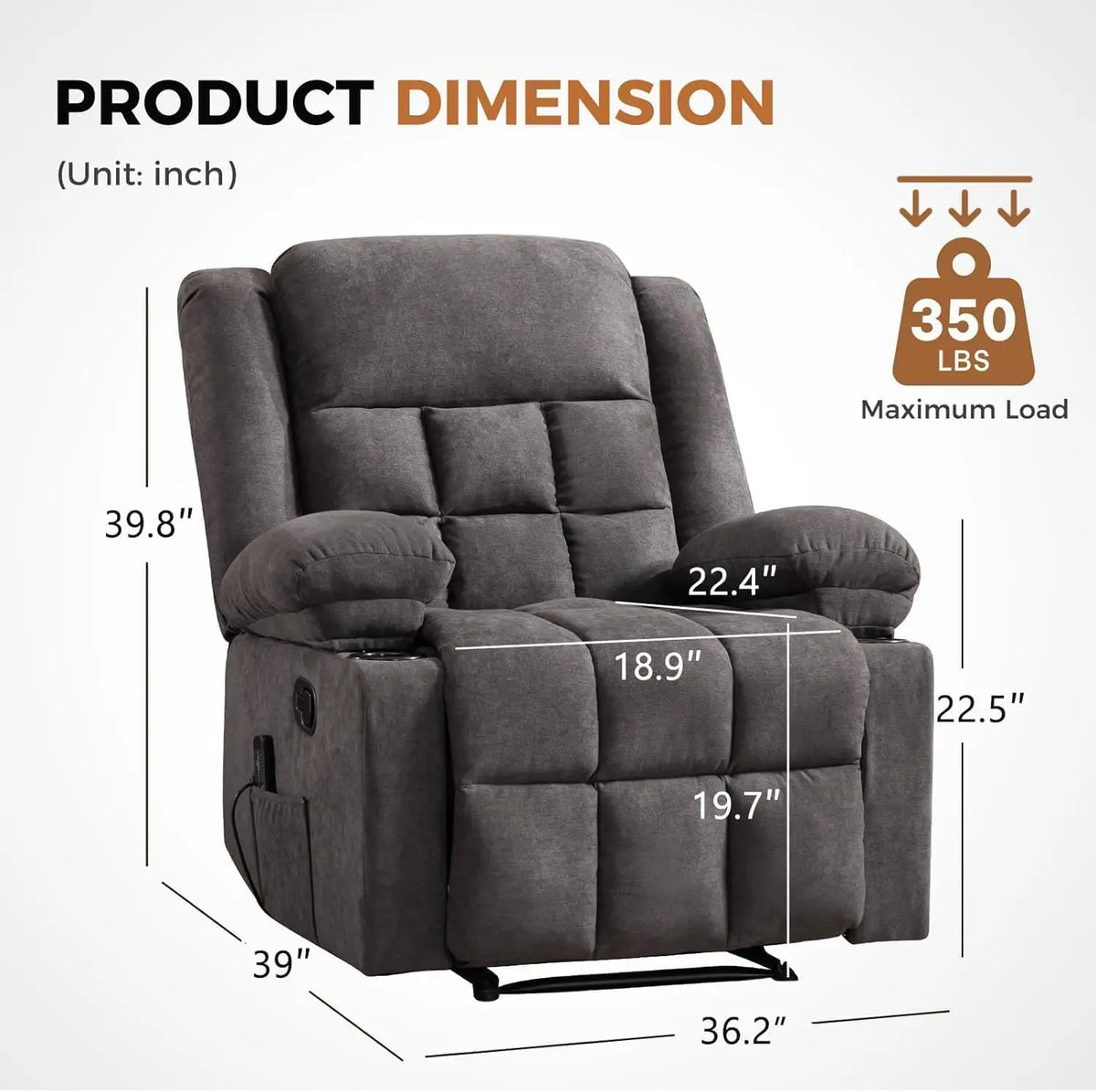 Classic Manual Recliners Set of 2 with Massage and Heat for Adults, Fabric Recliner Chair with Cup Holders & Side, Customized