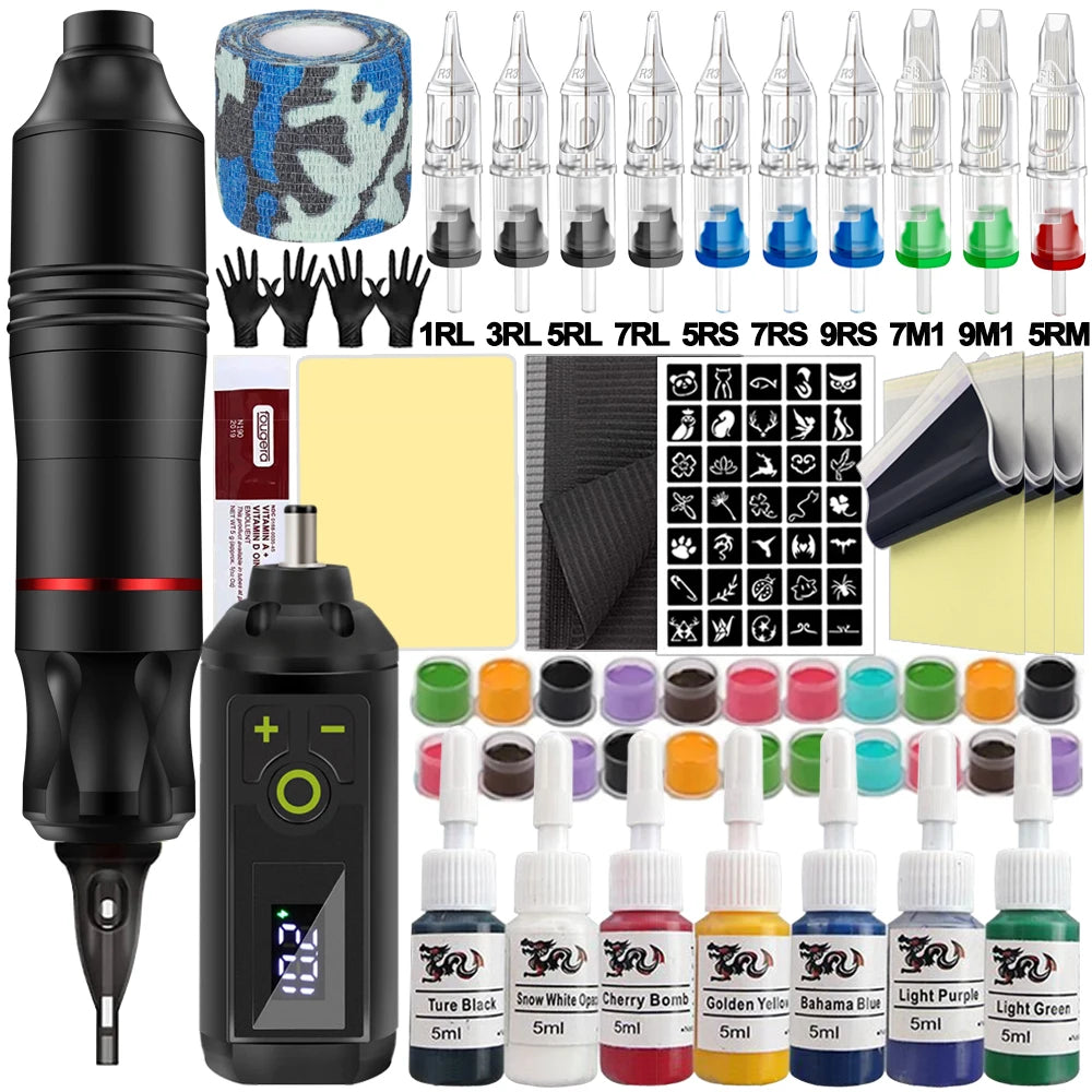 Wireless Tattoo Machine Kit Rotary Tattoo Pen Machine Set with Wireless Power Supply Needles Inks for Tattoo Artist Beginner