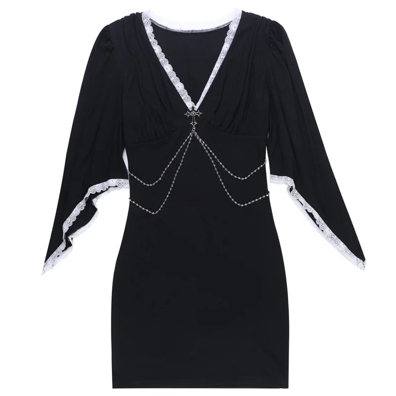 Goth Dark Harajuku Fashion Lace Splice V-neck Bodycon Dresses Mall Gothic Corss Chain Decor Mini Dress Alt Aesthetics Partywear