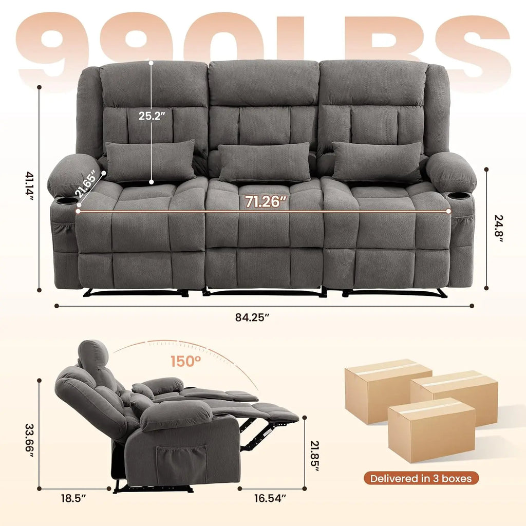Reclining Sofa with Cup Holders for Living Room 3 Seat Manual Sofa Recliner with Side Pocket, Customized