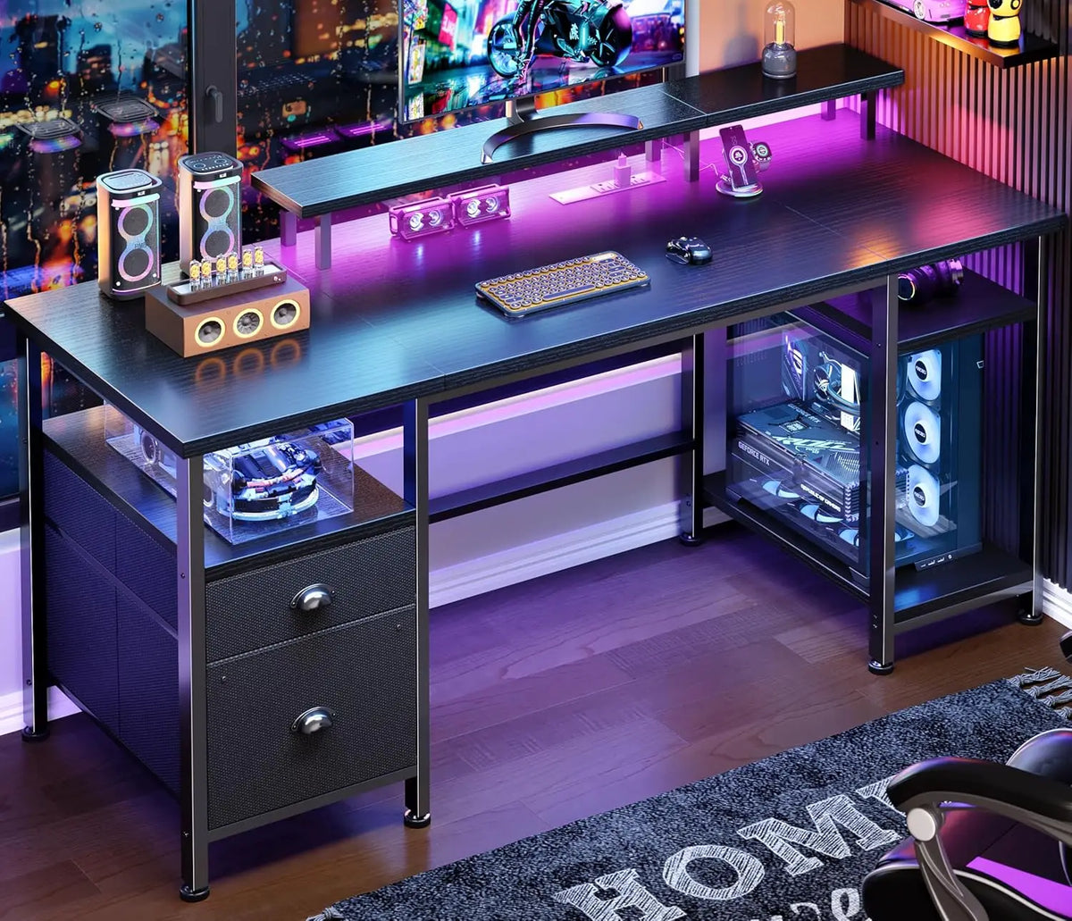 61' Gaming Desk with Outlets & LED, Large Computer Desk, Black | AC Outlets & USB, Ergonomic Monitor Stand, Drawer & File Cabine