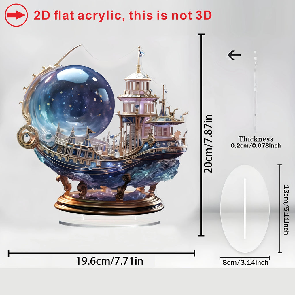 2D Bohemian Style 8in Acrylic Purple Crystal Ship Figurine Flat Mysterious Sailing Ship Decoration for Bedroom Office Desk