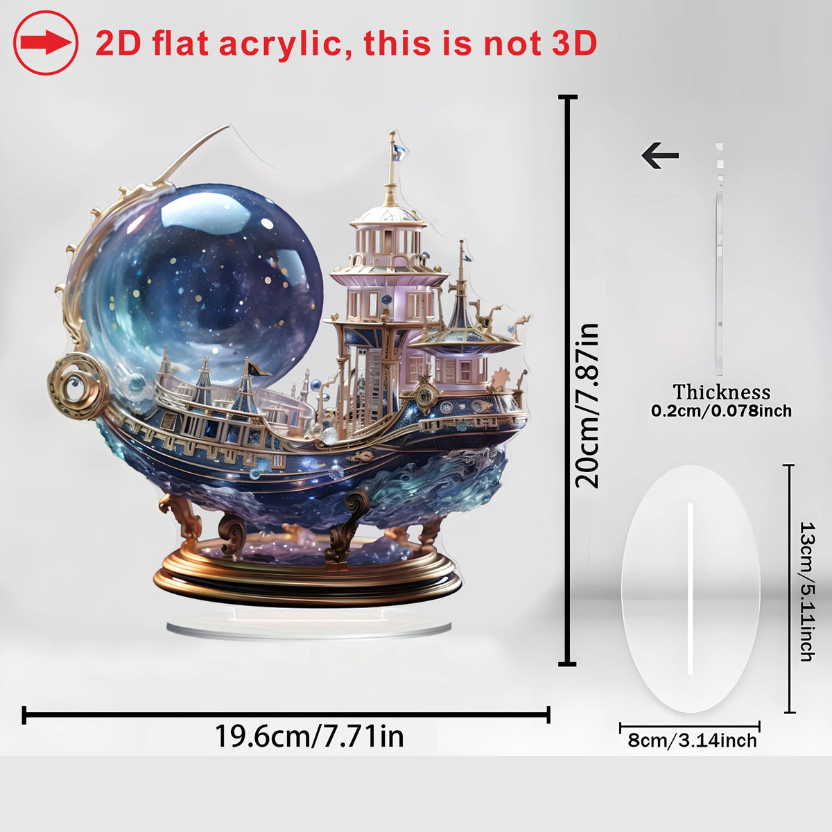 2D Bohemian Style 8in Acrylic Purple Crystal Ship Figurine Flat Mysterious Sailing Ship Decoration for Bedroom Office Desk