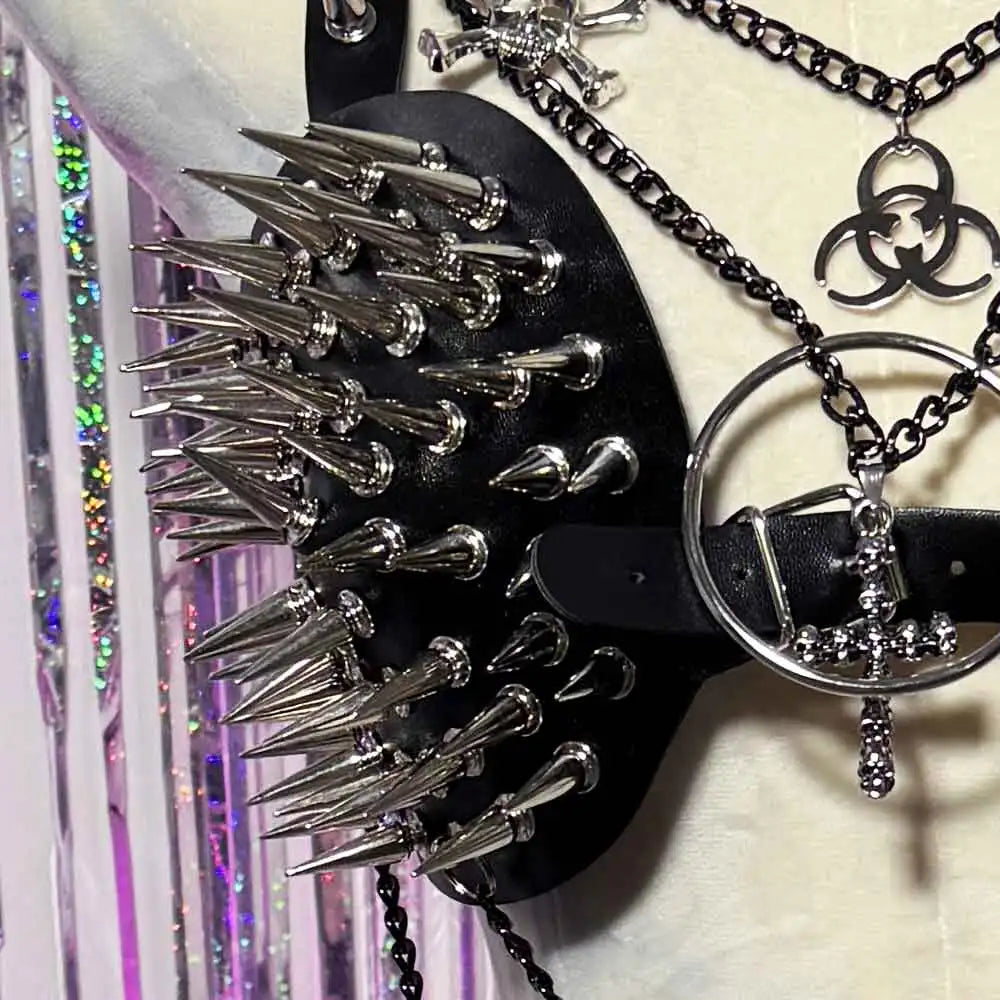 E-Girls Y2K Vegan Leather TOPS Gothic Harnesses Tank Chain Emo Hand Made Harajuku Punk Rock Studded Rivet DIY Hip Hop Grunge
