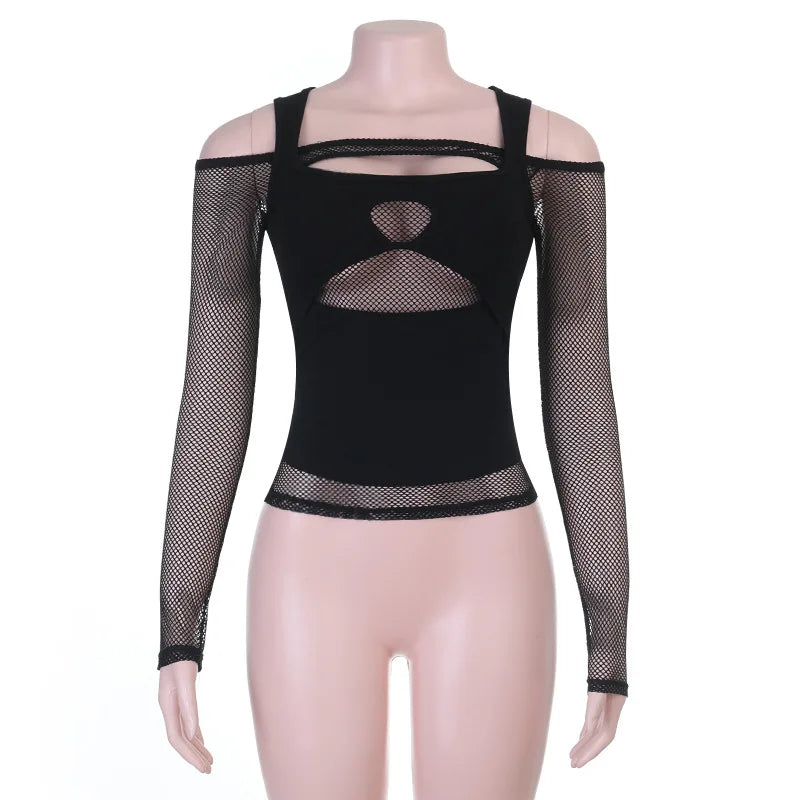 Goth Dark Streetwear 2 Piece Sets Mall Gothic Fishnet Long Sleeve Crop Tops And Hollow Out Tank Top Sexy Alt Slim Techwear Women