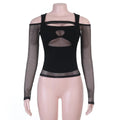 Goth Dark Streetwear 2 Piece Sets Mall Gothic Fishnet Long Sleeve Crop Tops And Hollow Out Tank Top Sexy Alt Slim Techwear Women