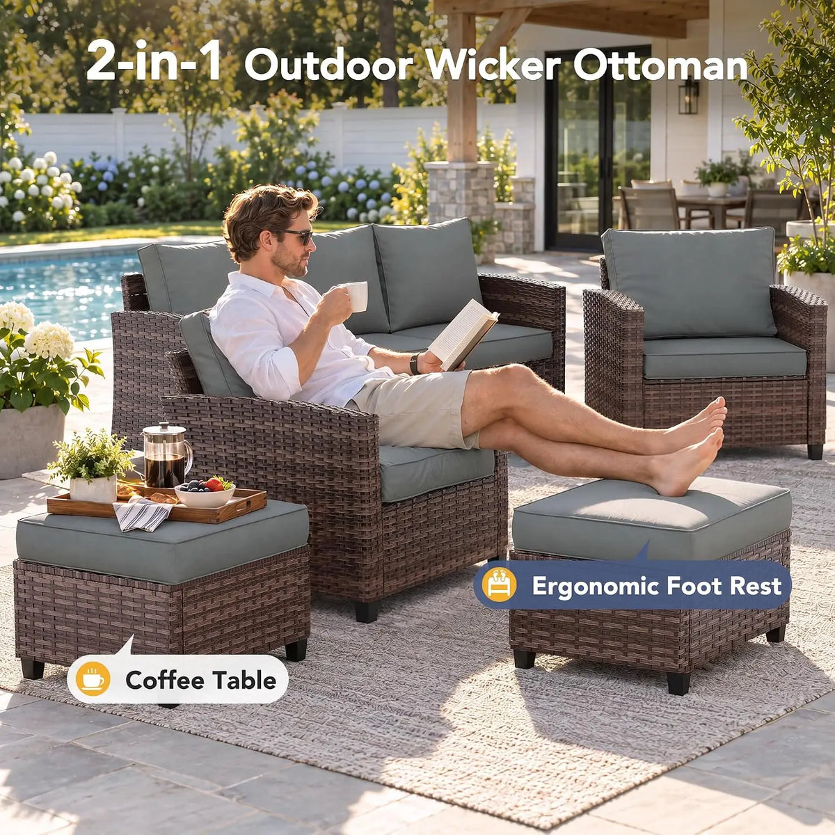 6 PCS Patio Furniture Set with Fire Pit,Rattan Patio Set,Dark Grey, Customized