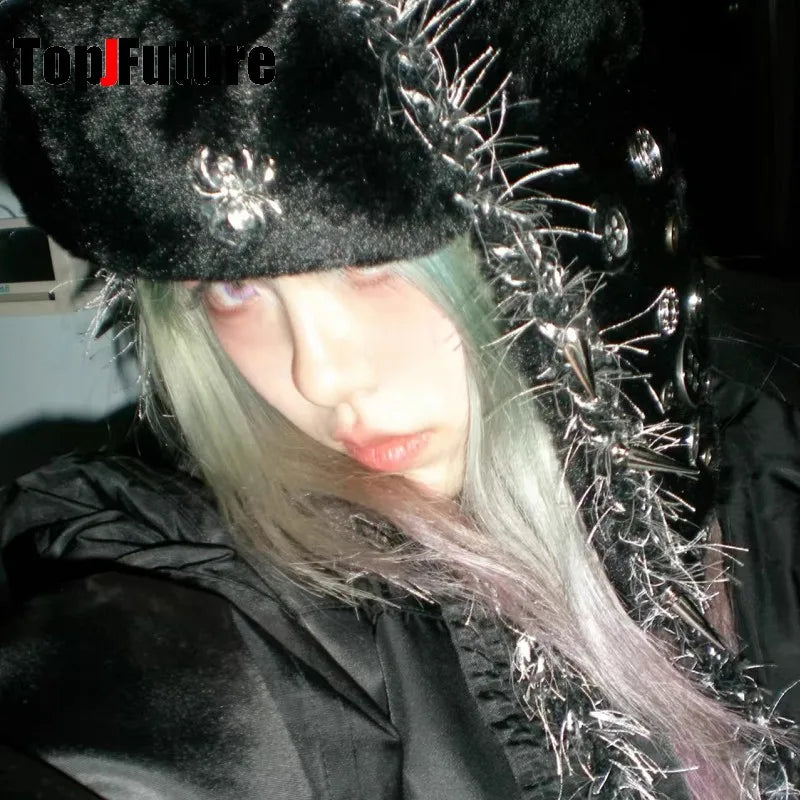 Gothic Lolita Y2k Girls Women's Subculture Punk Rivet Metallic Design Spike Warm Plush Fluffy Harajuku Winter Warmer Beanie Hat