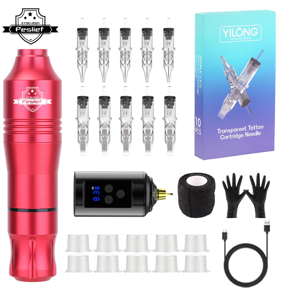 Wireless Tattoo Kit Rotary Tattoo Machine Set with 10PCS Tattoo Cartridge Needles Permanent Makeup Tools for Tattoo Artist