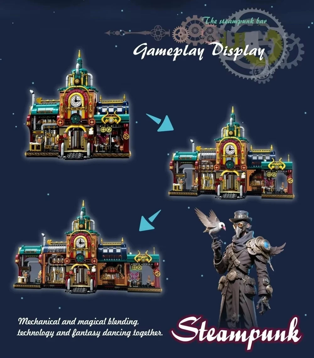 1557pcs Creative Street View Steam Punk Architectures Building Bricks Steampunk Bar Mini Block Model Toys Collection For Gifts
