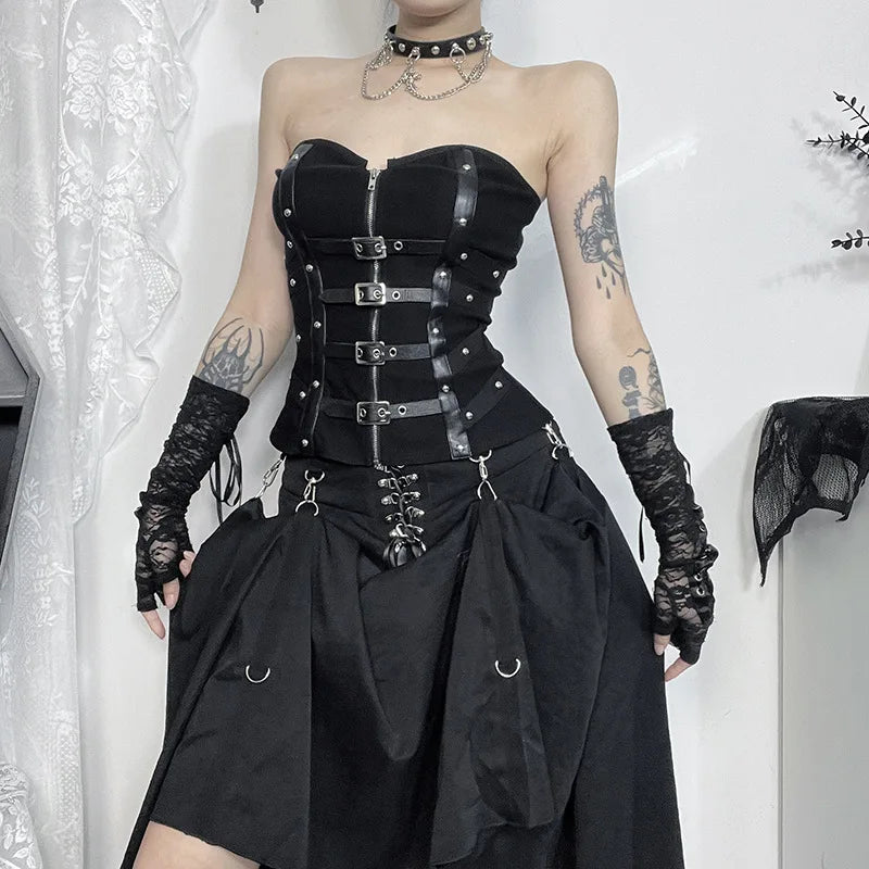 Goth Dark Punk Grunge Leather Buckle Strapless Corset Tops Mall Gothic Zip Women Tupe Top Y2K Coquette Streetwear Alt Tanks Vest
