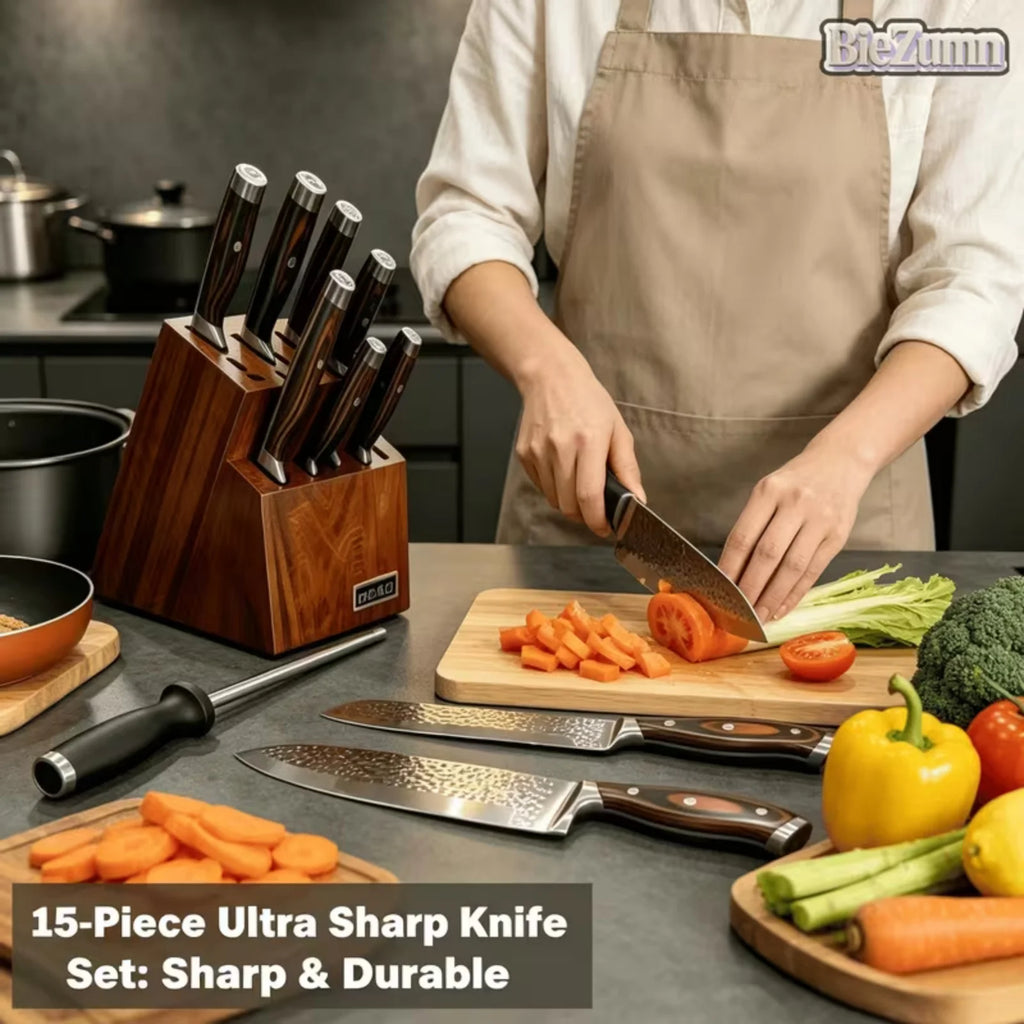 Professional 15PCS Forged Hammer Finish Kitchen Knife Set Pakka Wooden Handle Kitchen Cutlery Set with Knife Block Scissors Sharpener Complete Household Cooking Knives