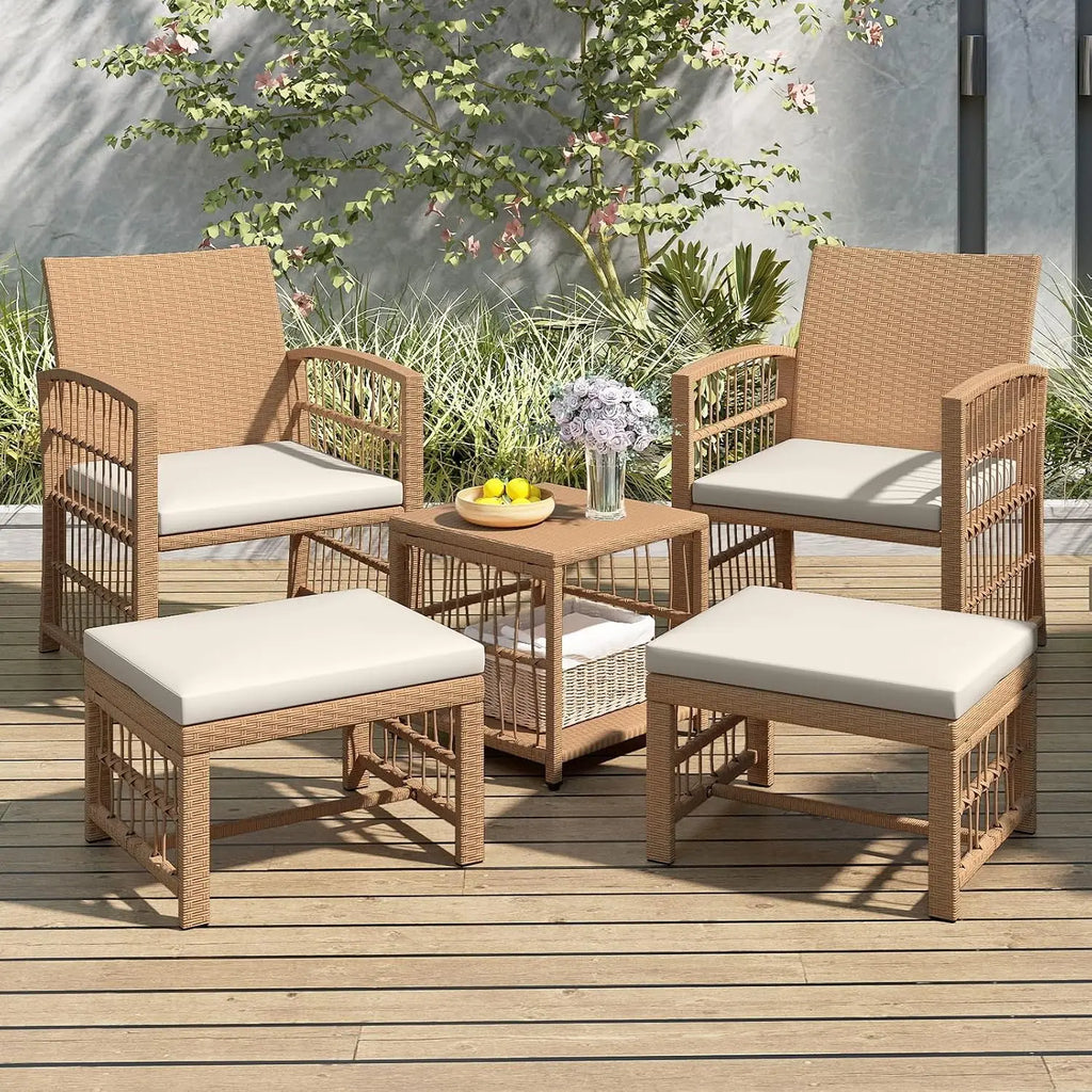 5 Pieces Patio Wicker Conversation Set, Outdoor Furniture Set with 2 Armchairs, 2 Ottomans & 2-Tier Side Table,, Customized