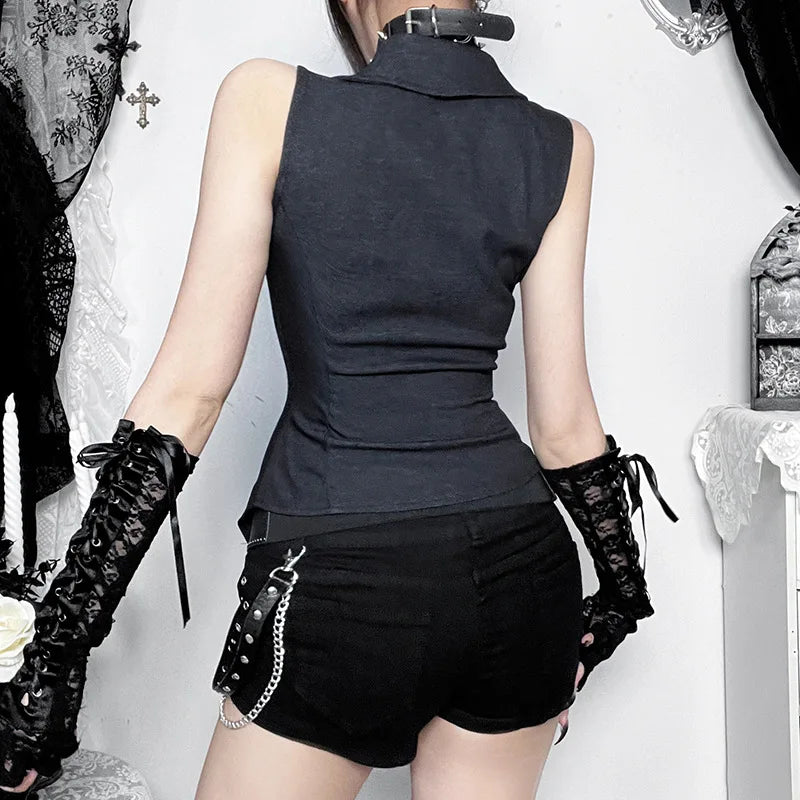Goth Dark Punk Style Sleeveless Zip Cardigan Crop Tops Women Cyber Y2K Teachwear Gothic Button Slim Fashion Streetwear Tank Top