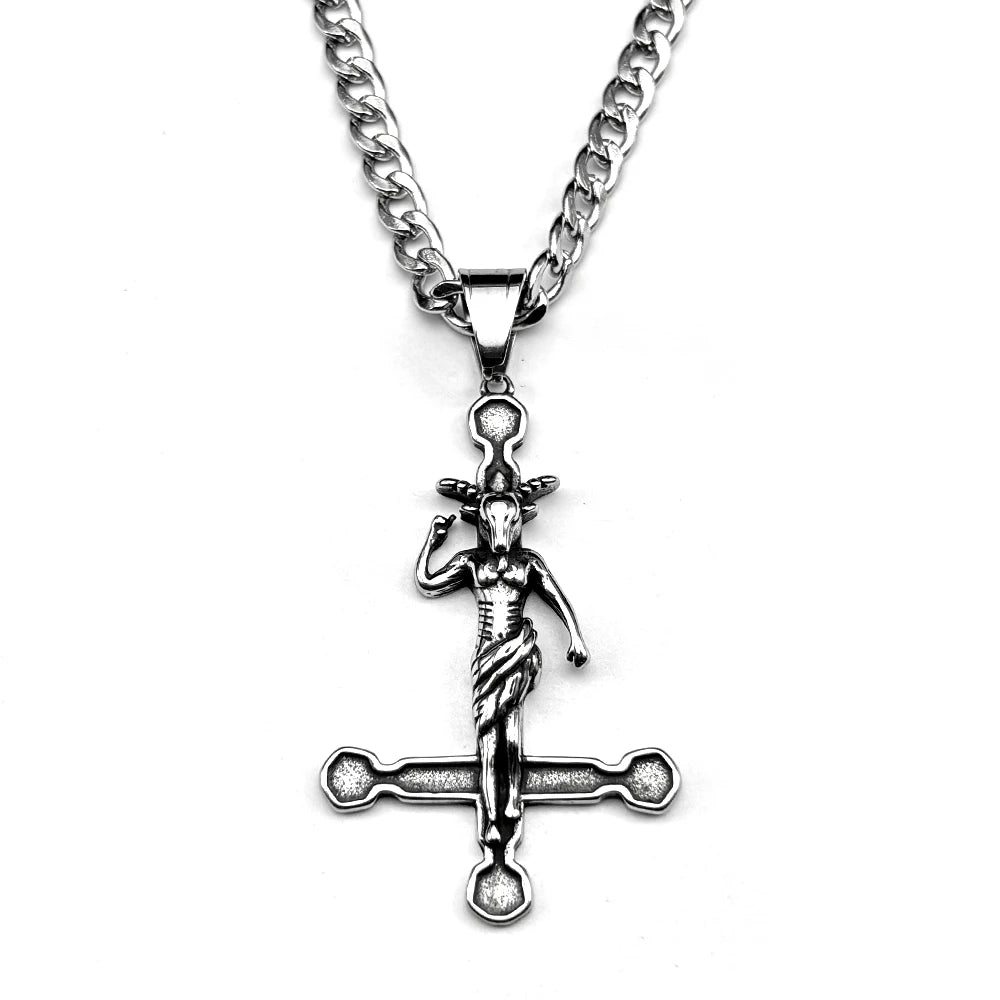 Baphomet Goat Satanic Satan Demon Devil Inverted Cross Pendant Necklace for Women Men Stainless Steel Silver Color Retro Jewelry