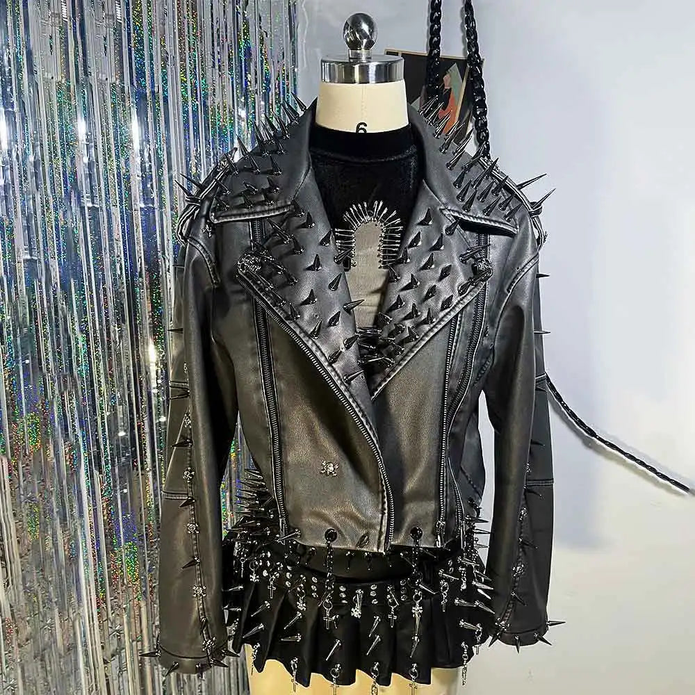 Women's Y2K Goth Black PU Leather Jacket with Spikes  Studded Gothic Emo Spiked Clothing Punk Rock Grunge Rave Festival Coat