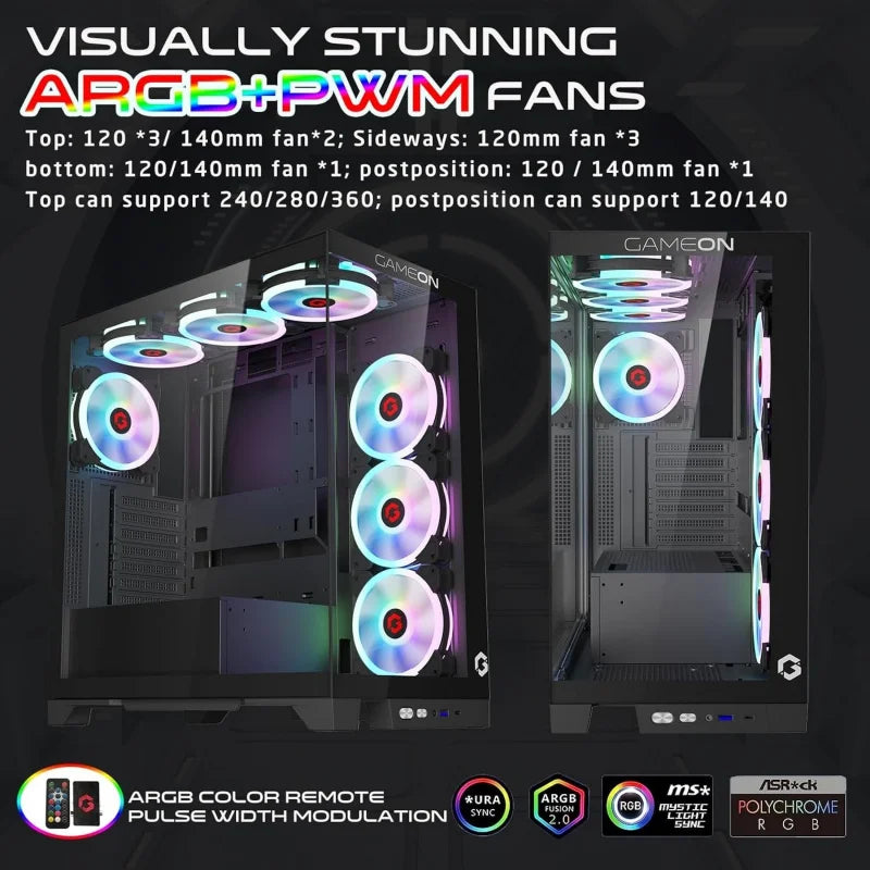 Aotesier Midnight IV Series Mid Tower PC Gaming Case, 120mm ARGB+PWM Lighting, Tempered Glass, Pre-installed 7 RGB Cooling Fans