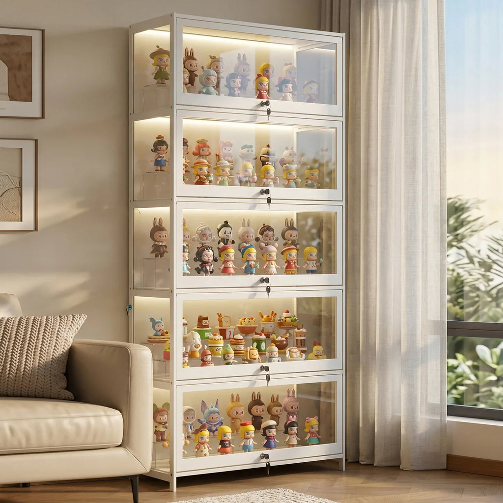Display Cabinet with Lamp and Lock, Household Living Room Figure Display Cabinet, Multi-Layer Blind Box Storage Cabinet