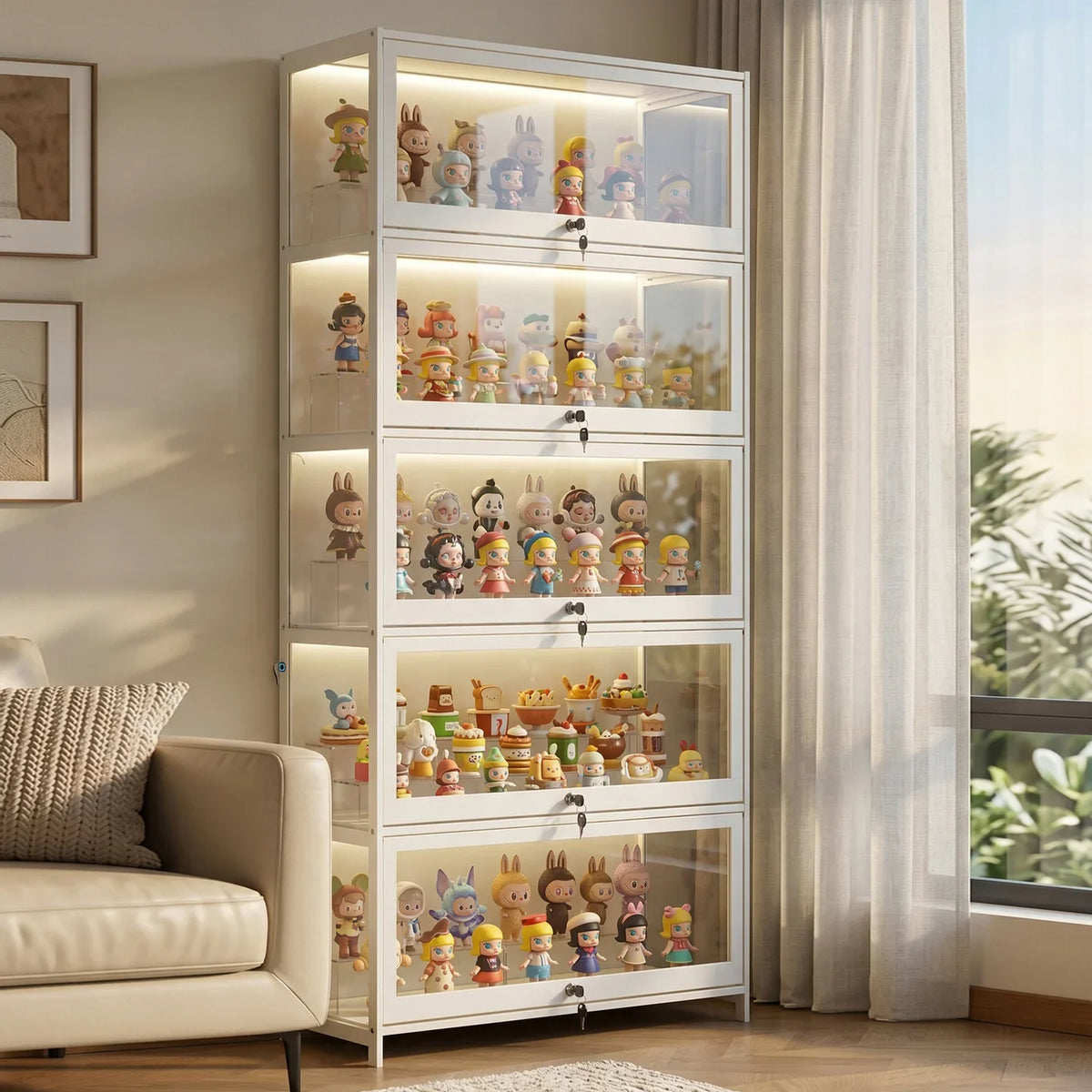 Display Cabinet with Lamp and Lock, Household Living Room Figure Display Cabinet, Multi-Layer Blind Box Storage Cabinet