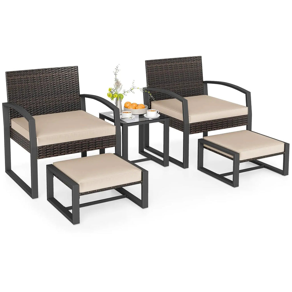 5 Pieces Patio Wicker Conversation Set, Outdoor Furniture Set with 2 Armchairs, 2 Ottomans & 2-Tier Side Table,, Customized