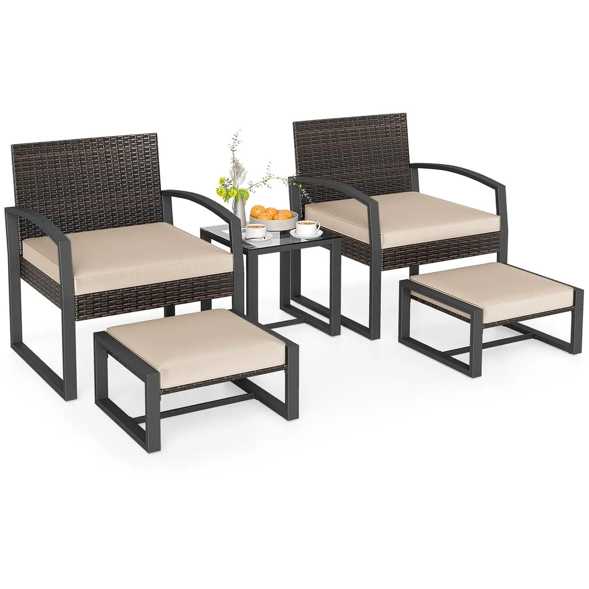 5 Pieces Patio Wicker Conversation Set, Outdoor Furniture Set with 2 Armchairs, 2 Ottomans & 2-Tier Side Table,, Customized