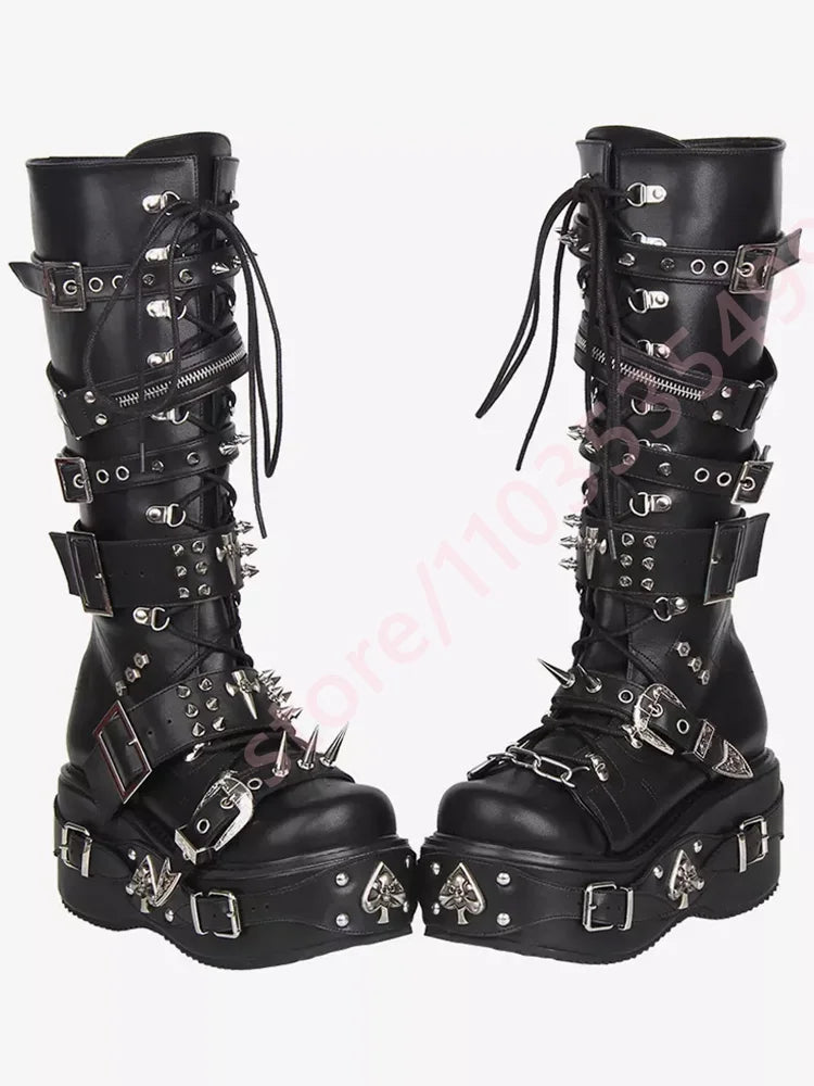 Black Mid Calf Platform Boots Women Multi Metal Buckle Spike Rivet Gothic Punk Lace Up Zipper Wedge High Heel Streetwear Booties