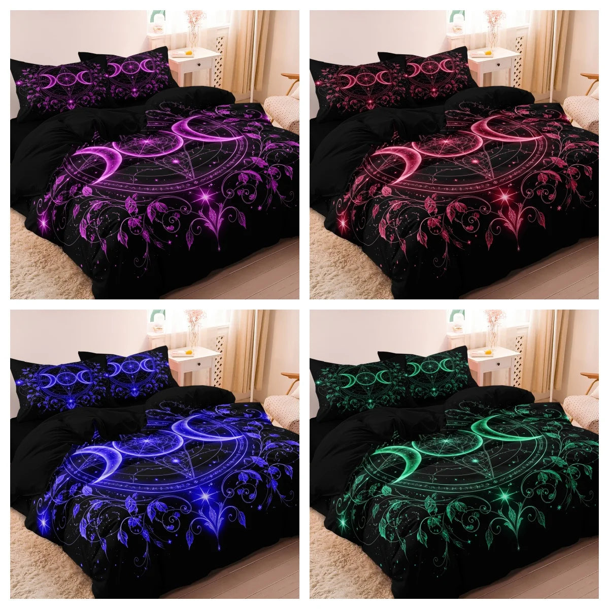 3pcs Set Gothic Triple Moon Starry Duvet Cover, Delicate Purple Botanical Mandala Bedding,  For Themed Hotel & Dorm Decoration