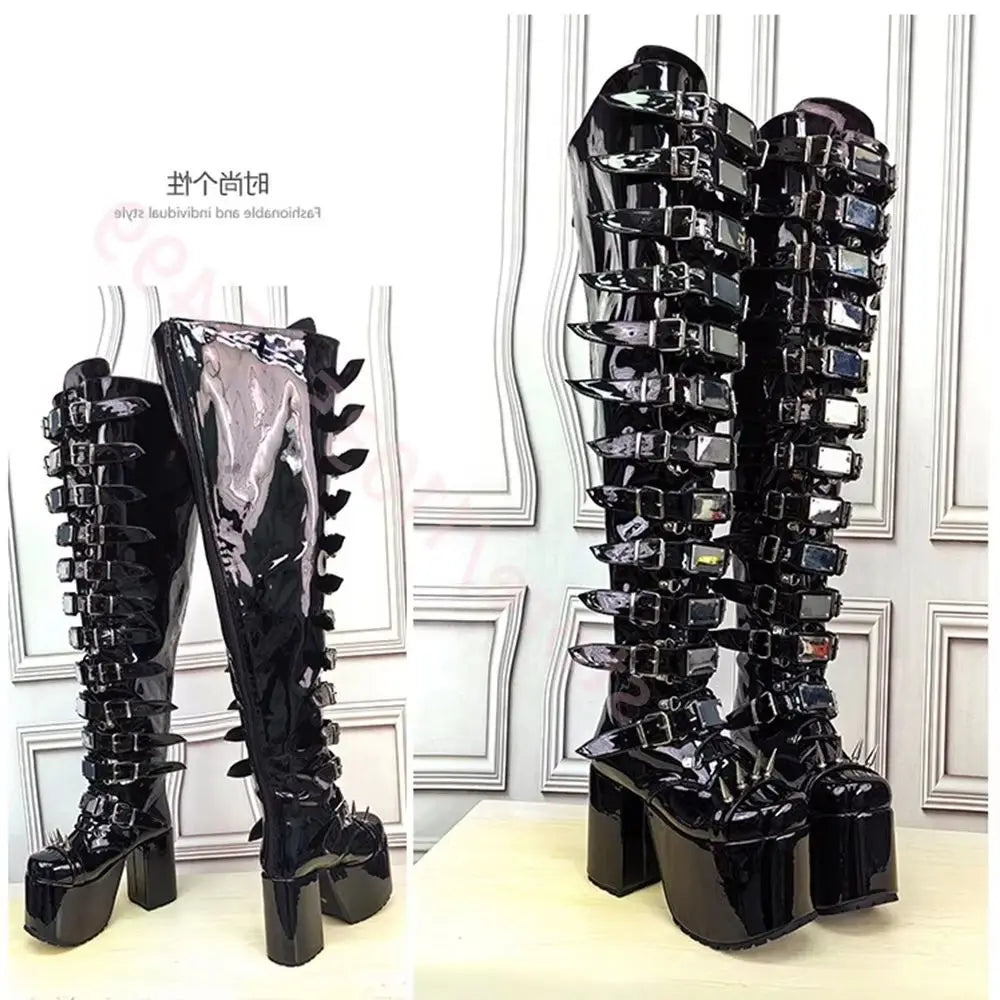 Women's Black Patent Leather Knee-High Boots 2026 New Spiked Rivet Super High Platform Boots Belt Buckle Gothic Punk Party Boot