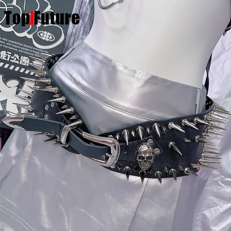 Women's Harajuku Steampunk Y2K Personalized Hip Hop Fashion Spice Girls Belt Waistband Dark Rivet Skeleton Belt Streetwear