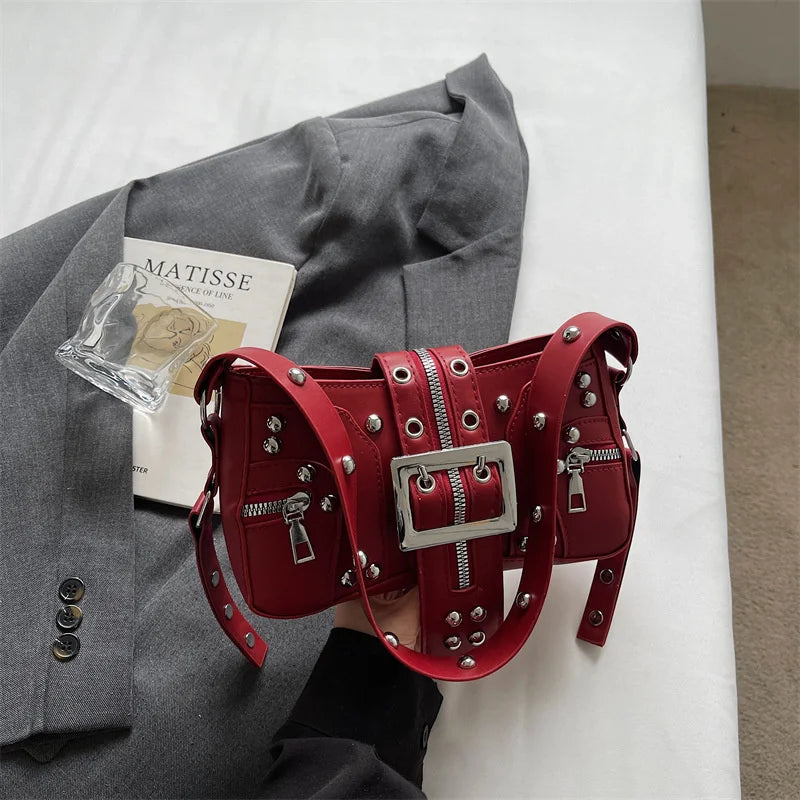 Shoulder Bag for Women Punk Style Purse PU Leather Rock Fashion Handbags with Rivet Small Trendy Armpit Purse Bolso Mujer сумка