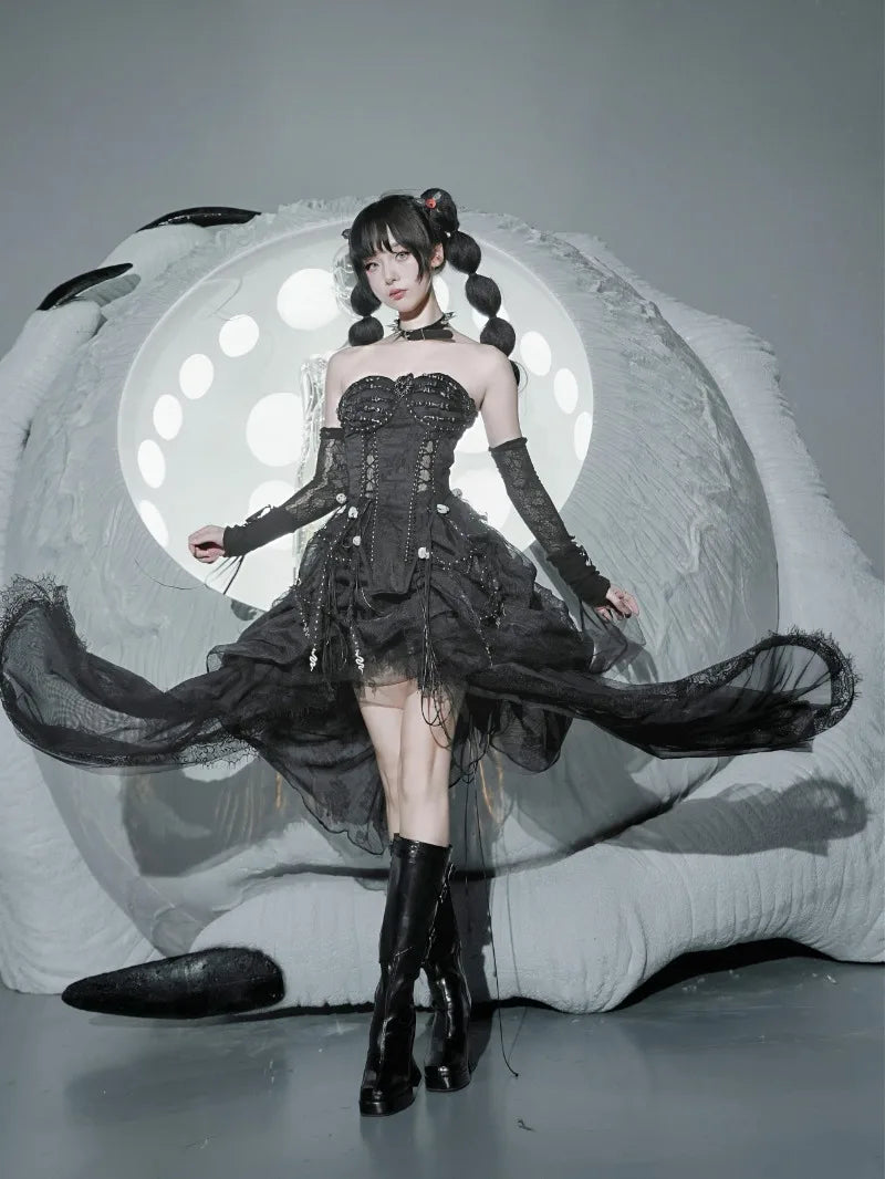 Original Heavy Industry Handmade Pure Black Goth Dark Strap Drawstring Corset Bird Cage Affordable Corset Top For Women