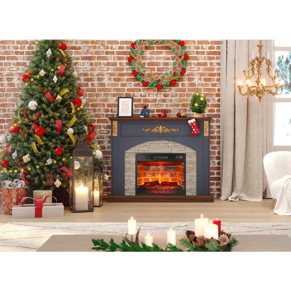 44in Electric Fireplace with Mantel, Stacked Stone, Gold Carvings, 23in Red Brick Insert, Blue