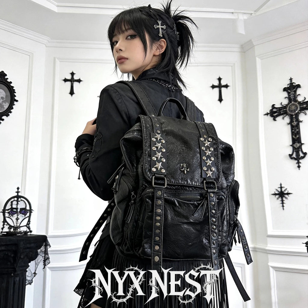 Black Punk Style Backpack Cross Rivet Backpack Unique Retro Goth Backpacks Large Capacity Commuter Bag