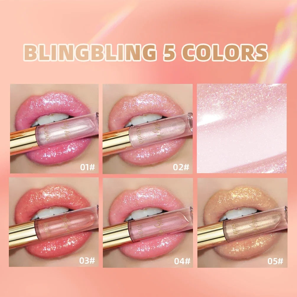 QIBEST 5 Colors Glitter Lip Glaze Long Lasting Lip Gloss Moisturizing Diamond Liquid Lipstick Makeup Shimmer Lipgloss Lip Tint