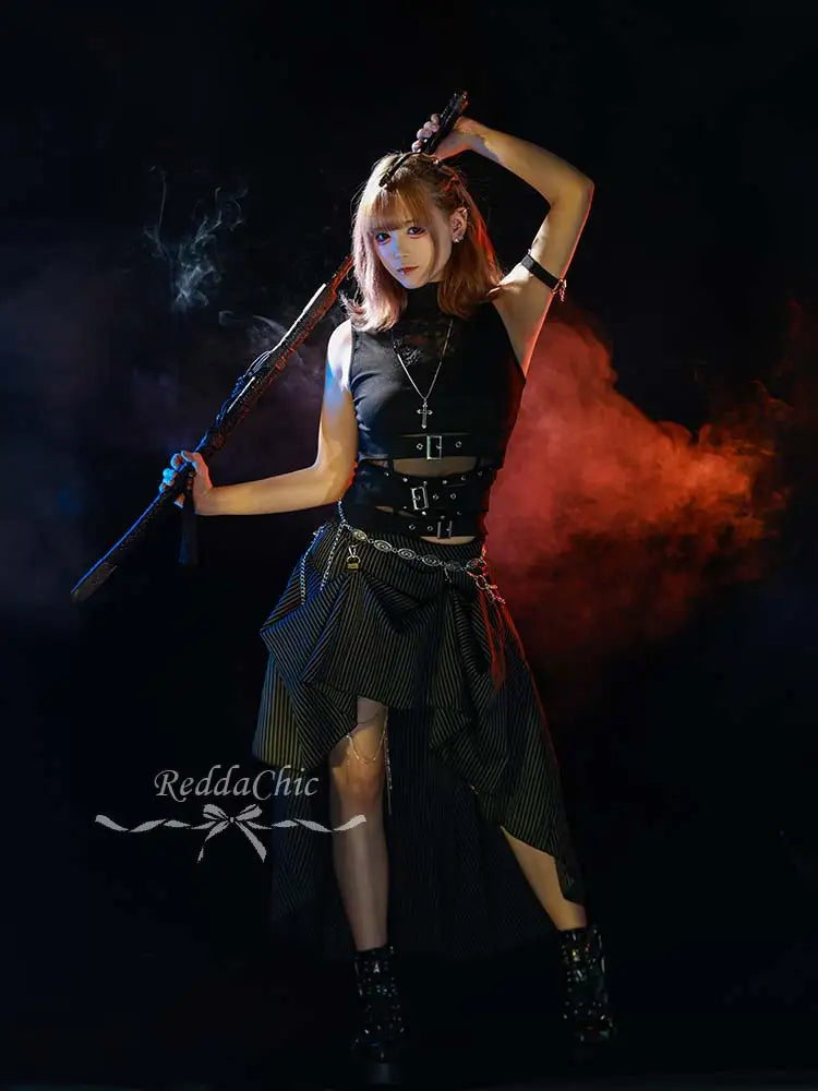REDDACHiC Lace Hollow Sleeveless Top Skirt Women Set Goth Black Stripe Bustle Skirt Belt Tank Top Grunge Music Festival Outfits