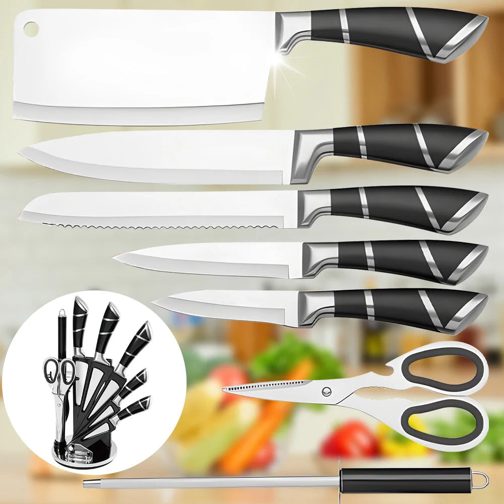ZENG Stainless Steel Kitchen Knife Set Sharp Non-Stick Coated Chef Knives with Sharpener for Cutting Slicing Dicing Chopping