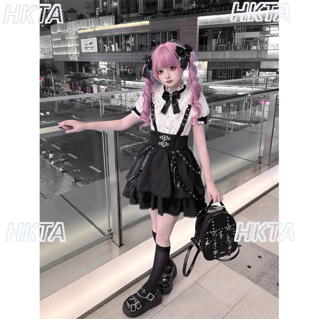 Dark Y2K Punk Autumn New Lolita Riveted Pleated Bow Backpacks Ladies Subculture Goth High Street Personality Bag Black Bag Women