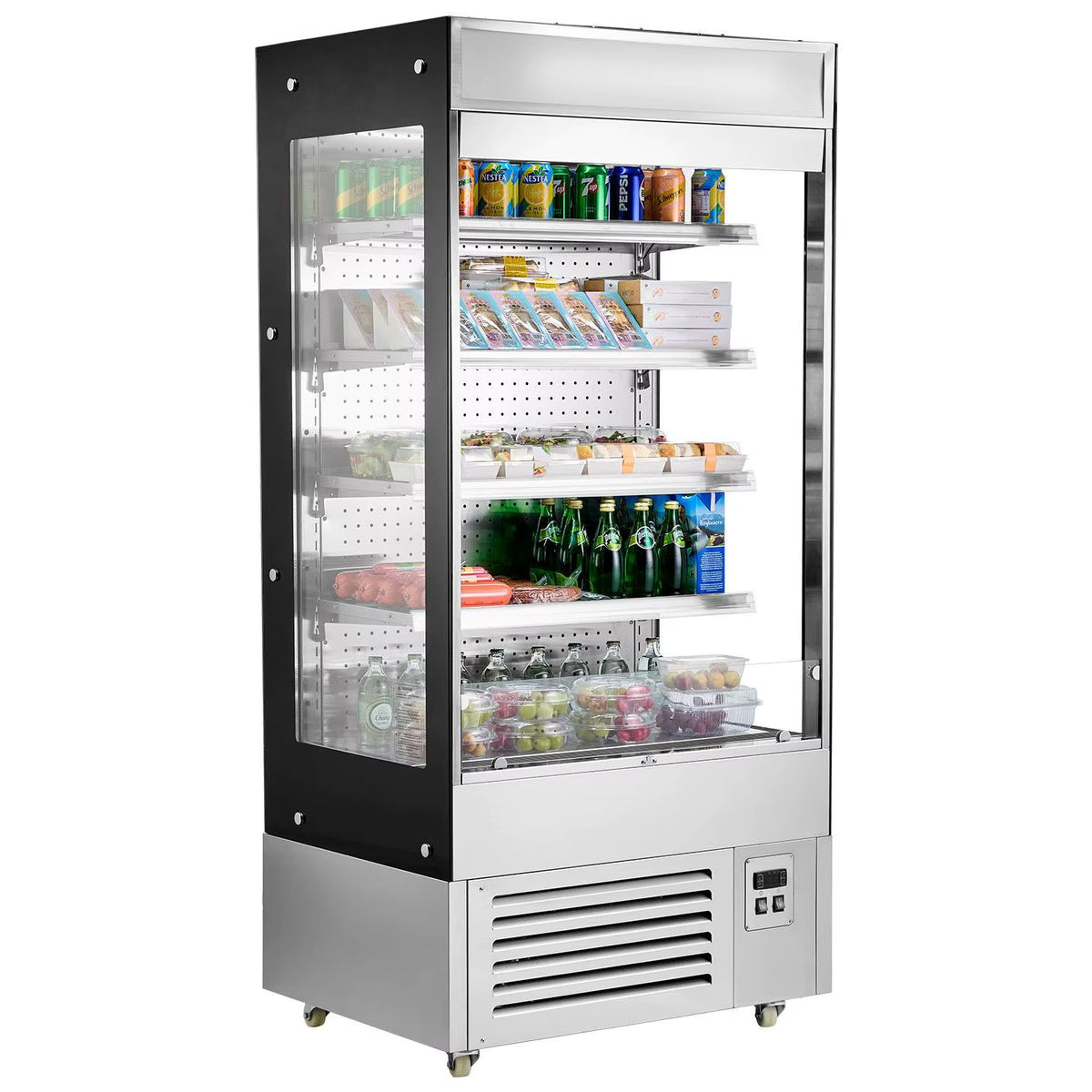 "Commercial 4-Tier LED Display Cooler with Air Curtain for Open-Air Merchandising"