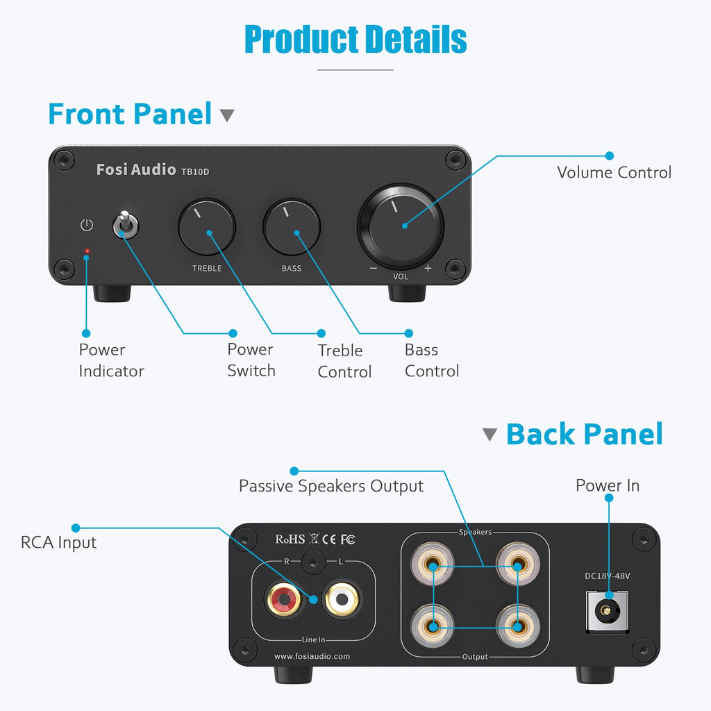 Fosi Audio TB10D HiFi Power Amplifier 300Wx2 TPA3255 Class D Stereo Amp With Treble Bass For Home Speaker