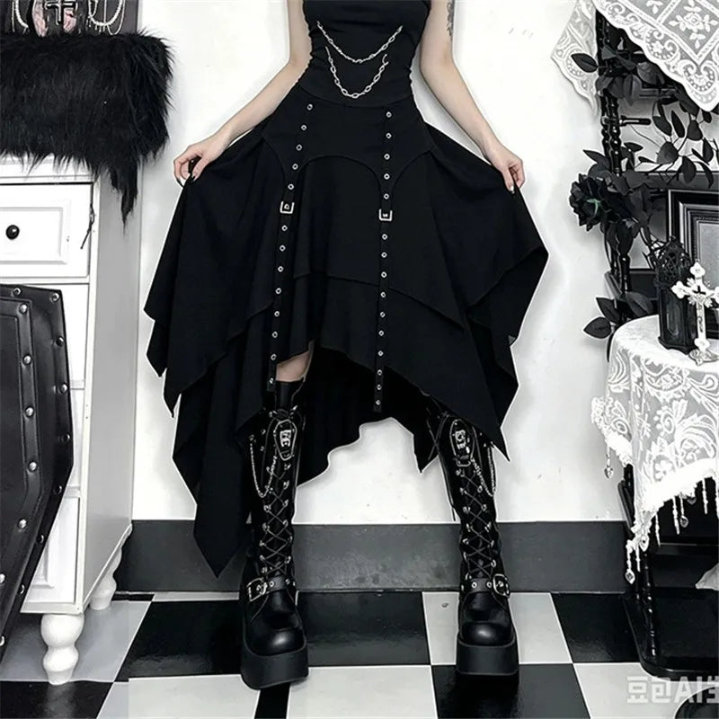 Goth Dark Punk Fashion Multi Layer Bottoms Mall Gothic Irregular Hem Skirts Y2K Grunge Corn Blet Design Skirt Women Streetwear