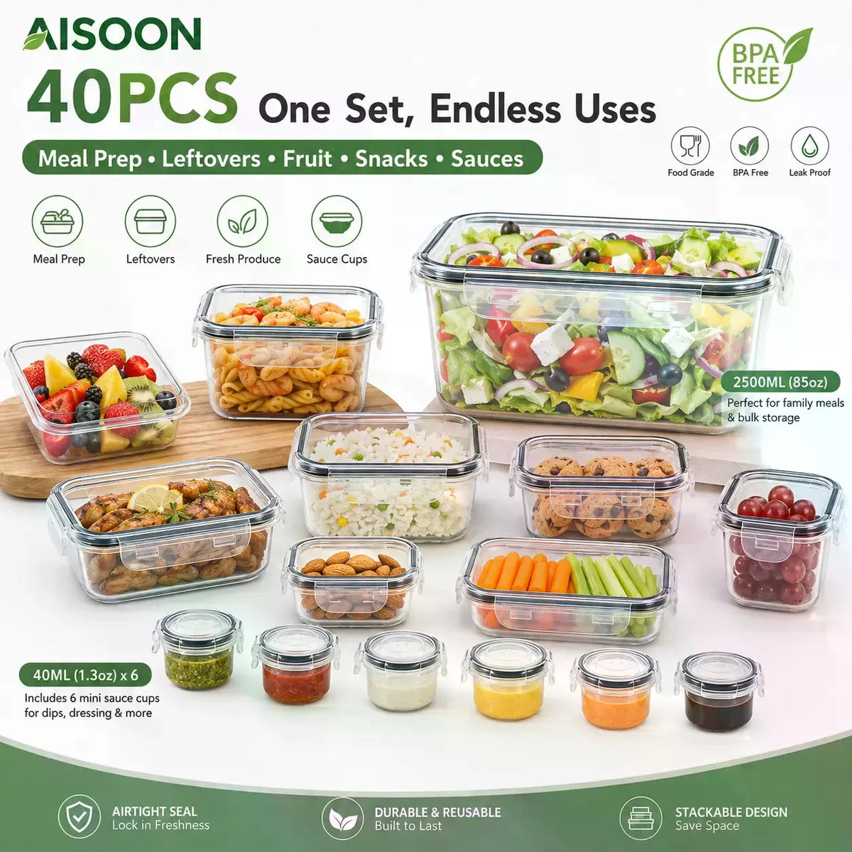 40 PCS Extra Large 85oz Silicone Airtight Food Storage Containers Set (20 Containers + 20 Lids) - Square, Round, Rectangular, Nestable Shapes, Leakproof, Reusable, Microwave & Dishwasher Safe, Labels & Pen for Fridge Organization, Home Meal Prep