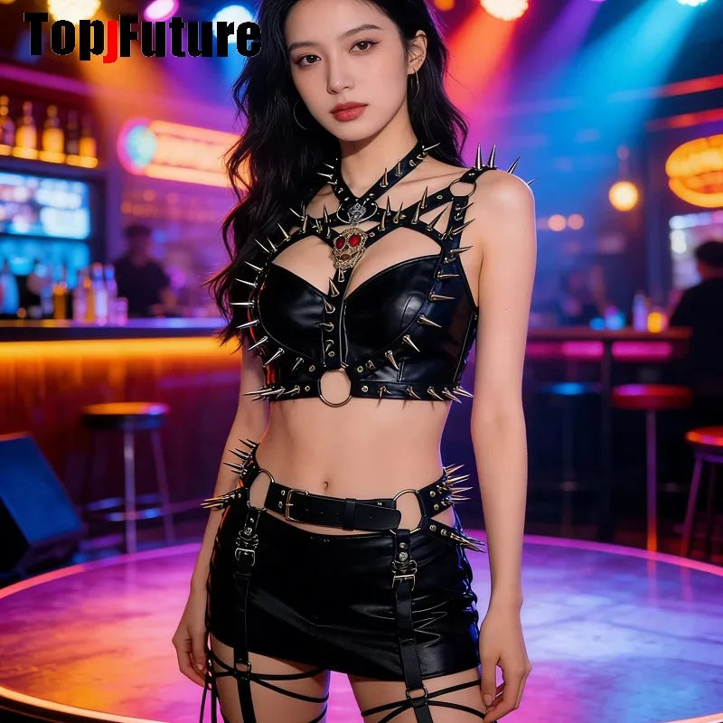 Women's Harajuku Y2K Personalized Hip Hop Steampunk Fashion Spice Girls Belt Corset Waistband Dark Leggings Rivet Streetwear