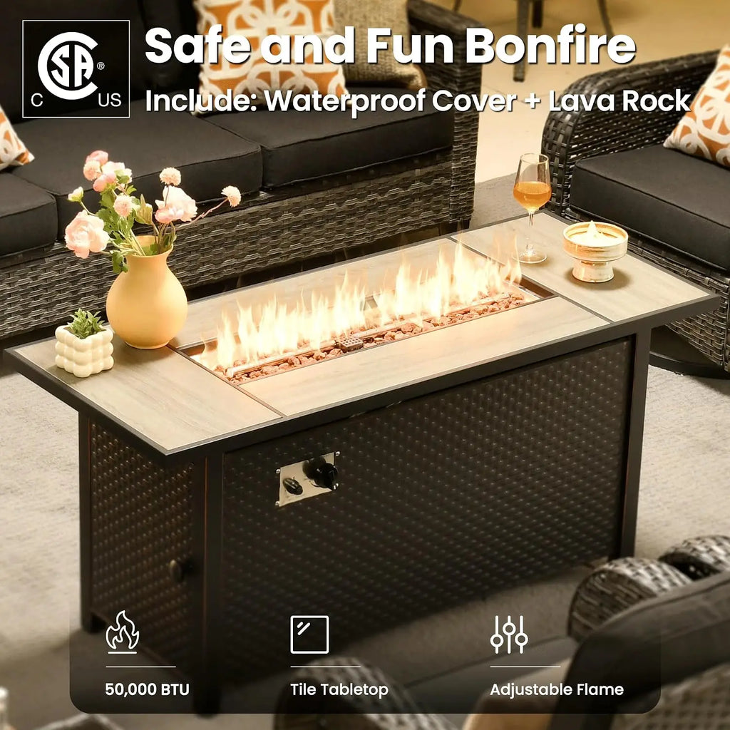 9 Pieces Patio Furniture Set, Outdoor Wicker Sofa Couch with Swivel Glider Chairs Fire Pit Table, Modern Deep Seat, Customized