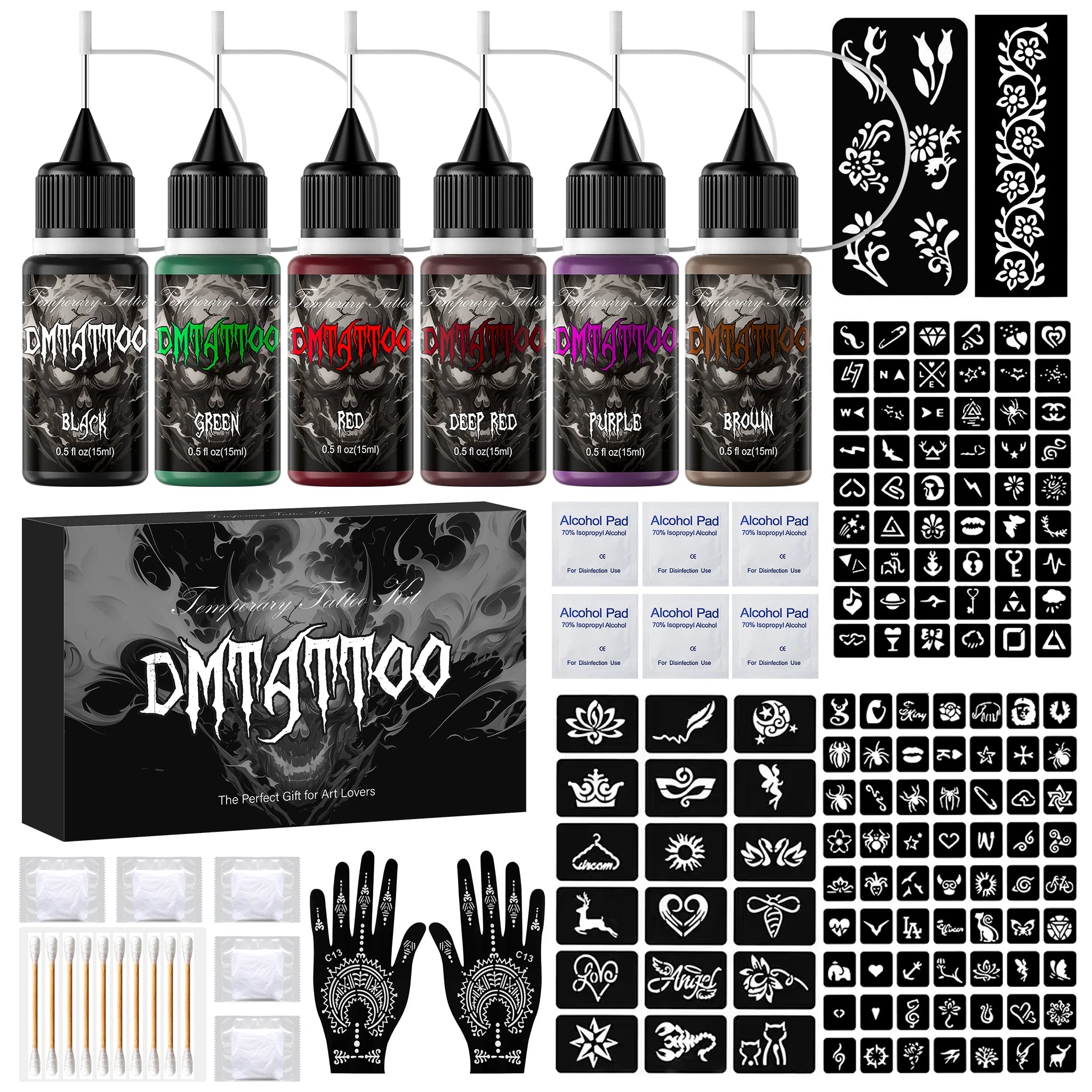 Temporary Tattoo Kit Semi Permanent Tattoo 6/12 Bottles Color Temporary Tattoo Ink 145/176 Pcs Stencils Kit for DIY Fake Tattoos