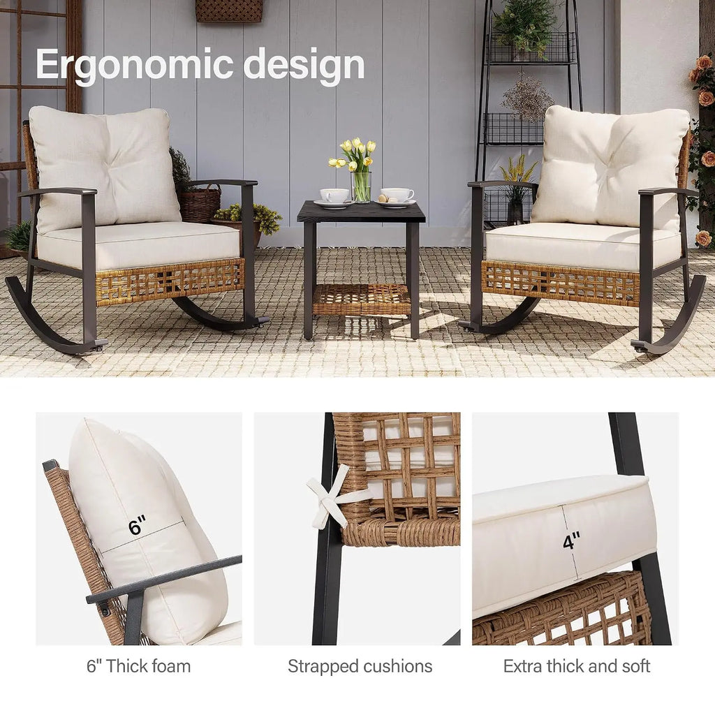 3-Piece Rattan Patio Rocking Conversation Set, 2-Tier Table, Customized
