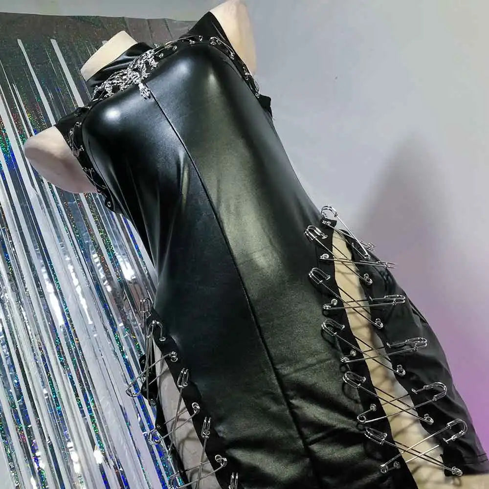 Grunge Skull Kawaii Eco Club Wear Harajuku Y2K TOPS Punk Rock Hand Made E-Girls Gothic PU Leather Dress 90s Emo Goth DIY Teen